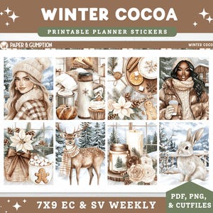 May include: A sheet of printable planner stickers with a winter cocoa theme. The design includes watercolor illustrations of winter scenes, people, and cozy elements like cocoa, baked goods, and a deer. Text includes "Winter Cocoa" and "Printable Planner Stickers".