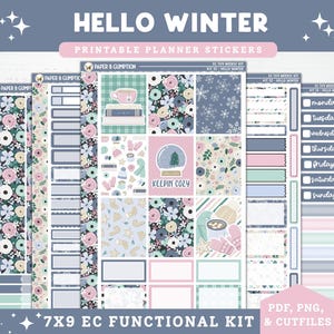 May include: A planner sticker kit with a winter theme. The kit includes various stickers with floral patterns, snowflakes, and winter-themed illustrations. The text "HELLO WINTER" and "KEEPIN COZY" are visible. The kit is designed for a 7x9 planner.