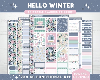 Winter Printable Planner Stickers, Hello Winter, EC Weekly, Kit 32, for Erin Condren 7x9 Vertical & Hourly Layout, January Snow Floral Cozy