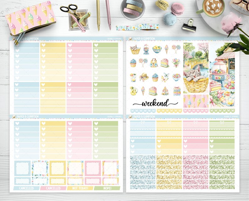 Op de afbeelding: Een set kleurrijke planner stickers met een pastelkleurenschema met ijshoorntjes, een limonadestand en een schattig konijn. De stickers zijn ontworpen voor gebruik in een planner of dagboek.
