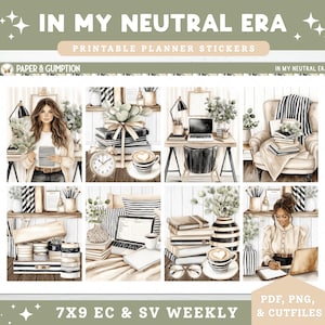 Op de afbeelding: Printbare plannerstickers met de tekst "IN MY NEUTRAL ERA". De stickers bevatten illustraties van bureaus, boeken, koffiekopjes en een vrouw. De tekst "PAPER & GUMPTION" is ook aanwezig. De stickers zijn ontworpen voor 7x9 EC & SV weekplanners.
