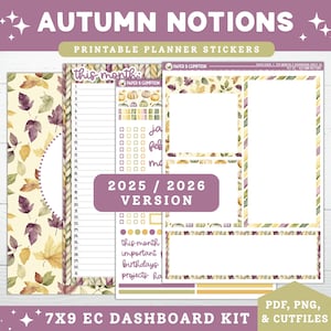 Puede incluir: Un kit de pegatinas imprimibles para planificador con temática otoñal. El diseño presenta hojas de otoño en tonos morados, amarillos y verdes. El kit incluye varios elementos de planificación, como un calendario mensual y espacio para notas. El texto dice "Autumn Notions" y "2025 / 2026 Version".