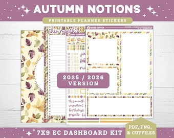 Planificateur d'autocollants imprimables 2025/2026 EC 7 x 9 septembre, tableau de bord mensuel et page de notes, kit de 25 citrouilles florales Erin Condren automne automne
