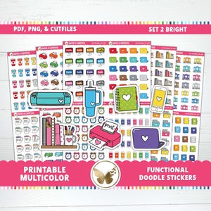 May include: Printable sticker set featuring a range of colourful designs, including coffee cups, books, laptops, and cameras. The stickers are labelled "Printable Multicolor" and "Functional Doodle Stickers".