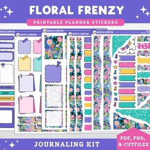 May include: A collection of printable planner stickers with a floral theme. The stickers include various shapes, labels, and decorative elements in shades of pink, purple, yellow, and teal. The text "FLORAL FRENZY" and "JOURNALING KIT" are displayed.
