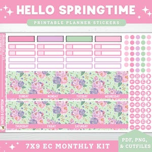 Printable Planner Stickers EC 7X9 Monthly Kit 2 Hello Springtime Spring March April Floral Monthly Erin Condren PNG Cricut Cutfiles Flowers