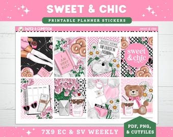 Spring Printable Planner Stickers Weekly Sticker Kit Sweet Chic Erin Condren Sticker Sheets Vertical Sticker Kit Cutfiles Cricut PNG Summer