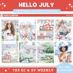 Printable Planner Stickers July 4th Weekly Sticker Kit Erin Condren Planner Stickers Vertical Sticker Kit USA Independence Day Printable Kit