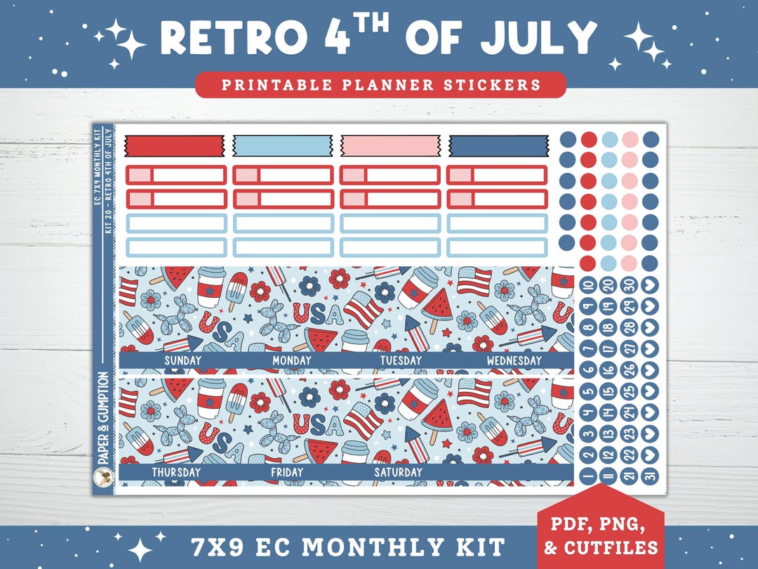 Printable Planner Stickers EC 7X9 Monthly Kit 20 July 4th Monthly Erin ...
