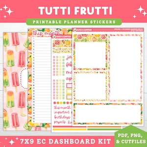 Puede incluir: Un kit de pegatinas para planificador con el tema Tutti Frutti. El kit incluye pegatinas con diseños de paletas heladas y rodajas de fruta, junto con páginas de planificador. El texto en las pegatinas incluye "TUTTI FRUTTI" y "PRINTABLE PLANNER STICKERS".
