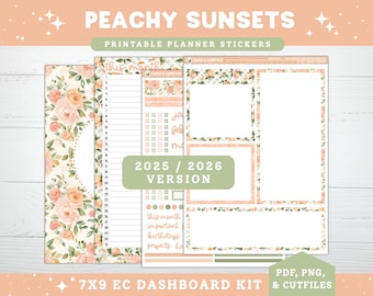 Sommer druckbare Planner Aufkleber, 2025/2026, Erin Condren 7X9 Mai Monatliches Dashboard & Notizen Seite, Kit 16, Pfirsich Sonnenuntergänge Blumen Frühling