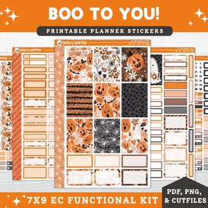 Puede incluir: Pegatinas para planificador con temática de Halloween, con calabazas, fantasmas y diseños florales en naranja, negro y blanco. El texto incluye "BOO TO YOU!" y "7X9 EC FUNCTIONAL KIT".