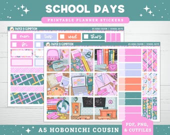 Printable Planner Stickers School Days Hobonichi COUSIN Weekly Vertical Sticker Kit A5 Hobo Cousin Printable Back to School Printable