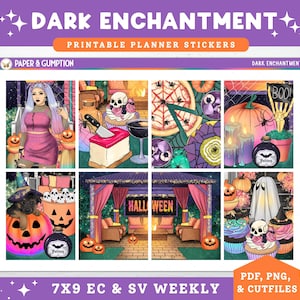 May include: A sheet of printable planner stickers with a Halloween theme. The design features various spooky illustrations, including pumpkins, skulls, spiders, and potion bottles. The text "DARK ENCHANTMENT" and "HALLOWEEN" are visible.
