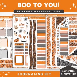 May include: Printable planner stickers with a Halloween theme. The stickers include pumpkins, ghosts, and floral designs in orange, brown, and black. Text on the stickers includes "Boo to You!" and "Journaling Kit."