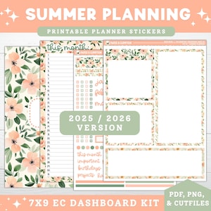 Puede incluir: Un kit de pegatinas de planificador imprimible con un diseño floral. El kit incluye varias páginas de planificador con bordes florales y el texto "Summer Planning", "Printable Planner Stickers" y "2025 / 2026 Version". El kit está etiquetado como "7x9 EC Dashboard Kit".