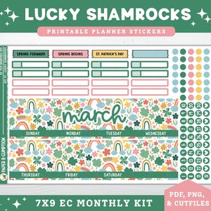 Puede incluir: Un kit de pegatinas de planificador imprimible con un fondo verde y el texto "LUCKY SHAMROCKS". El kit incluye pegatinas para marzo, con arcoíris, tréboles y nubes. El kit también incluye pegatinas para "Spring Forward" y "St. Patrick's Day".