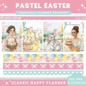 Spring Printable Planner Stickers Weekly Sticker Kit Classic Happy Planner Pastel Easter Vertical Sticker Kit Cutfiles Cricut PNG Bunny Cute