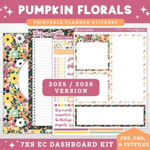 Puede incluir: Pegatinas imprimibles para planificador con temática floral de calabaza. El kit incluye varias páginas de planificador con bordes florales, casillas de calendario y espacio para notas. El texto de la imagen dice "Pumpkin Florals" y "2025 / 2026 Version".