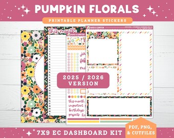 Agenda imprimable Stickers 2025/2026 EC 7 x 9 septembre, tableau de bord mensuel et page de notes, kit 24 citrouilles florales Erin Condren, automne automne, kit imprimable