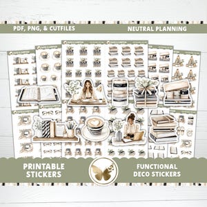 May include: Printable planner stickers featuring neutral tones and illustrations of books, coffee, and stationery. The stickers include the text "PDF, PNG, & CUTFILES", "PRINTABLE STICKERS", and "FUNCTIONAL DECO STICKERS". The theme is neutral planning.