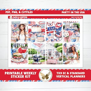 Kit d'autocollants hebdomadaires pour agenda du 4 juillet Erin Condren Kit d'autocollants verticaux pour agenda Erin Condren Kit imprimable Fête de l'indépendance des États-Unis