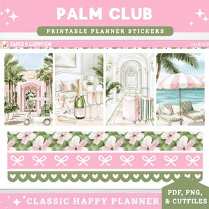 Printable Planner Stickers Weekly Sticker Kit Classic Happy Planner Palm Club Vertical Sticker Kit Cutfile Cricut PNG Summer Resort Stickers
