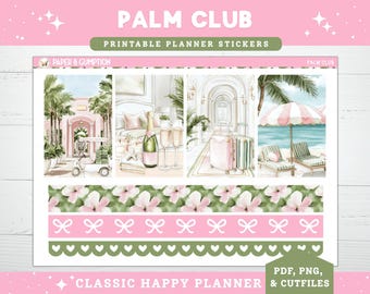Afdrukbare plannerstickers Wekelijkse stickerkit klassieke Happy planner Palm Club verticale stickerkit Cutfile Cricut PNG Summer Resort-stickers