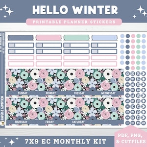 May include: Printable planner stickers with a floral design and the text "HELLO WINTER". The sticker sheet includes boxes for each day of the week, date circles, and decorative elements. The color scheme includes pink, blue, green, and white.