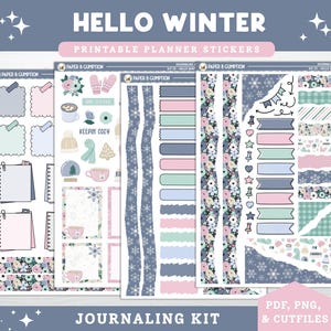 May include: A collection of printable planner stickers with a winter theme. The stickers feature various designs, including snowflakes, floral patterns, and cozy winter elements. The color palette includes shades of blue, pink, and white. Text on the image reads "HELLO WINTER" and "JOURNALING KIT".