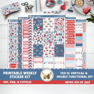 Adesivi per planner stampabili, kit di adesivi settimanali del 4 luglio, kit di adesivi verticali settimanali 7x9 di Erin Condren, 20 adesivi orari per il giorno dell'indipendenza stampabili