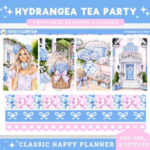 Kit de adesivos semanais imprimíveis de primavera para planner, kit de adesivos clássicos Happy Planner com tema de hortênsias, kit de adesivos verticais, arquivos de corte para Cricut PNG, verão.