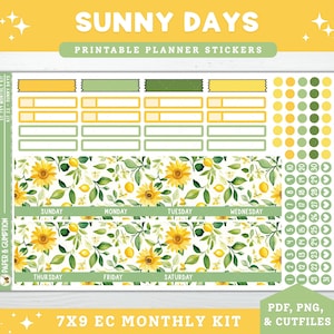 Printable Planner Stickers EC 7X9 Monthly Kit 22 August Monthly Erin Condren Life Planner PNG Cricut Cutfile Sunny Days Floral Printable