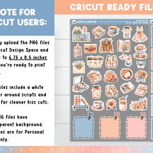 May include: A sheet of Cricut-ready PNG files featuring various watercolor illustrations, including a dress, books, and flowers. The text on the sheet says, "NOTE FOR CRICUT USERS: Simply upload the PNG files to Cricut Design Space and resize to 6.75 x 8.5 inches and you're ready to print & cut."