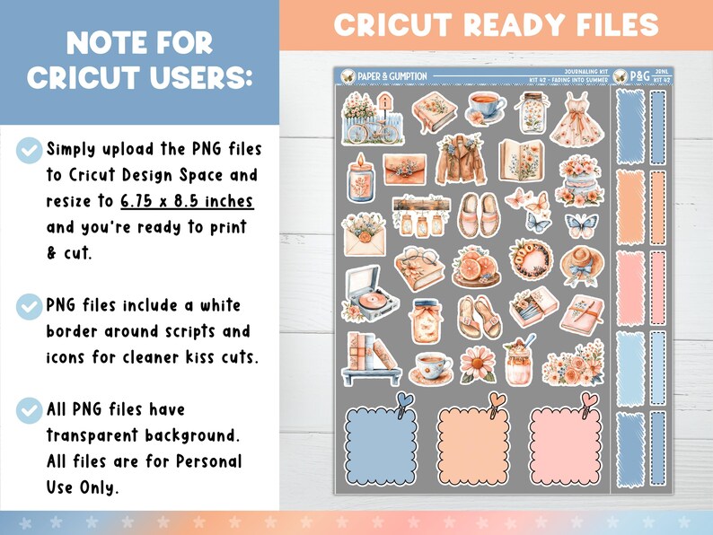 May include: A sheet of Cricut-ready PNG files featuring various watercolor illustrations, including a dress, books, and flowers. The text on the sheet says, "NOTE FOR CRICUT USERS: Simply upload the PNG files to Cricut Design Space and resize to 6.75 x 8.5 inches and you're ready to print & cut."