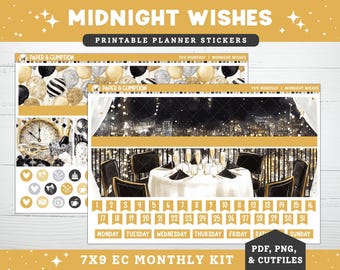 NYE Printable Planner Stickers, EC 7X9 Monthly Kit, Midnight Wishes, January Monthly View, Erin Condren Planner, New Year's Eve Party Gold