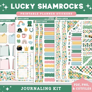 May include: A collection of printable planner stickers with a St. Patrick's Day theme. The stickers feature shamrocks, rainbows, pots of gold, and other festive elements in green, pink, yellow, and blue. The text "LUCKY SHAMROCKS" is at the top.