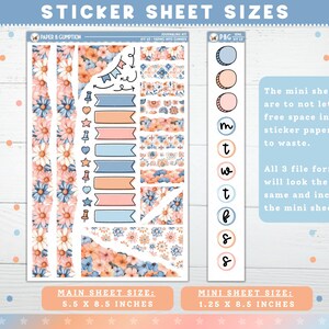 May include: A sticker sheet set with floral and geometric designs in peach, blue, and white. The set includes various sticker shapes, banners, and decorative elements. The main sheet size is 5.5 x 8.5 inches, and the mini sheet size is 1.25 x 8.5 inches.