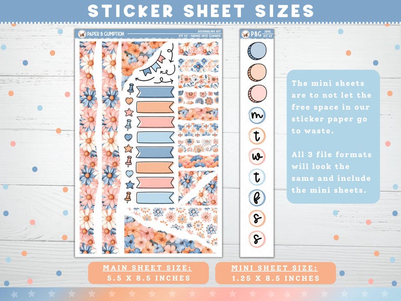 May include: A sticker sheet set with floral and geometric designs in peach, blue, and white. The set includes various sticker shapes, banners, and decorative elements. The main sheet size is 5.5 x 8.5 inches, and the mini sheet size is 1.25 x 8.5 inches.