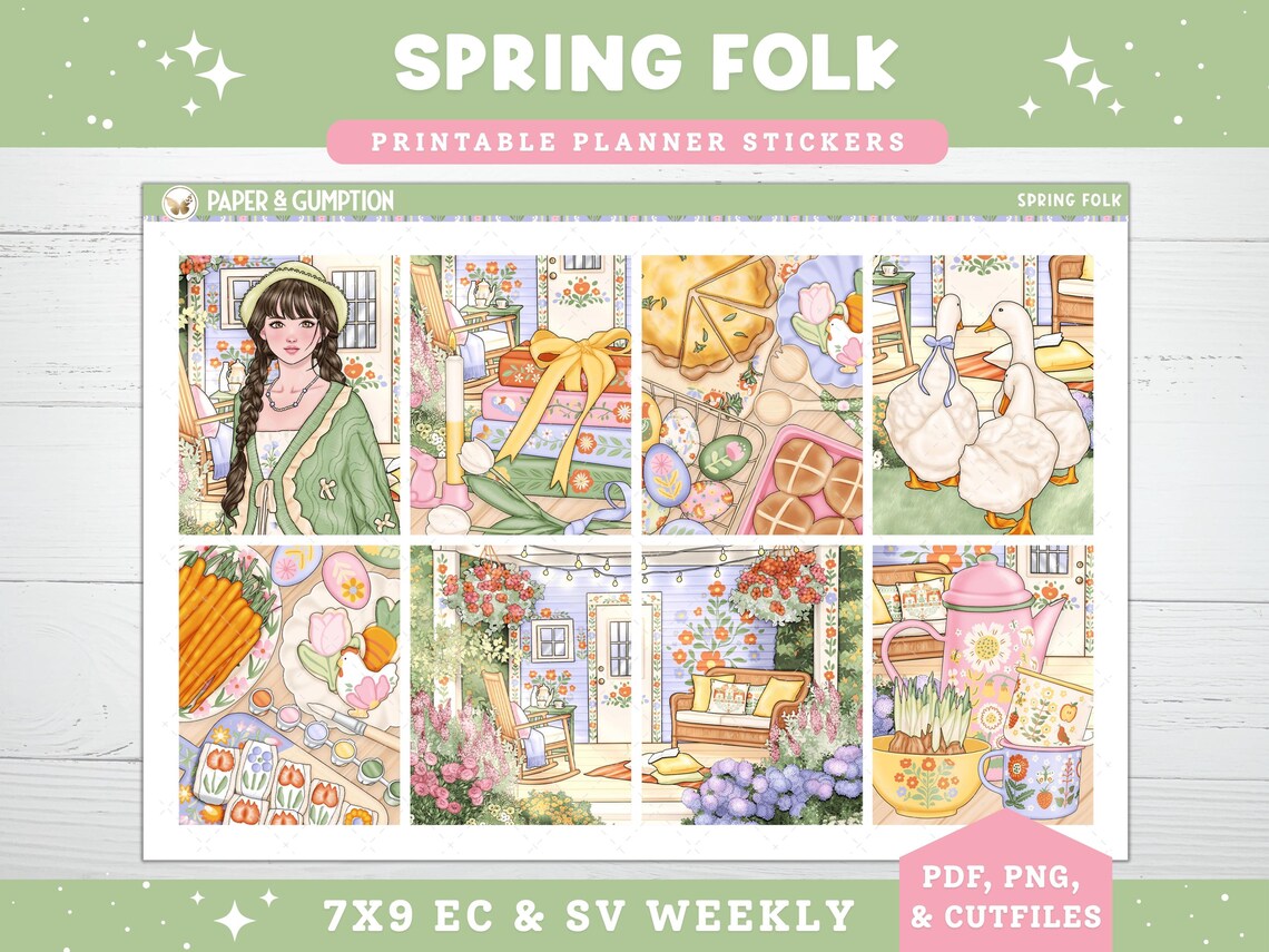 Spring Printable Planner Stickers, Spring Folk, Weekly Kit for Erin ...