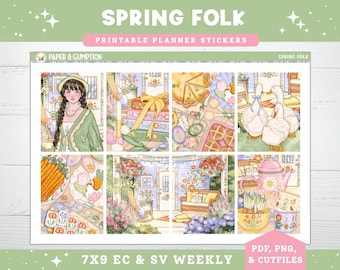 Pegatinas imprimibles para agenda de primavera, diseño folclórico primaveral, kit semanal para agendas verticales Erin Condren, EC 7x9, huevos de Pascua con estética folclórica.