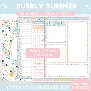 Pegatinas imprimibles para planificador de primavera 2025/2026, Erin Condren, tablero mensual de junio de 7x9, página de notas, Kit 17, Burbujas de verano, pastel, caramelo