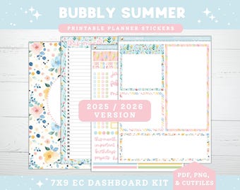 Frühlings-Planeraufkleber, 2025/2026, Erin Condren 7X9 Juni Monatliches Dashboard & Notizen Seite, Kit 17, Bubbly Summer Pastel Candy