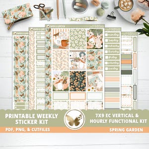 May include: Printable weekly sticker kit featuring a spring garden theme. The kit includes a range of stickers with floral patterns, bunnies, and butterflies. The stickers are designed for use in a 7x9 EC vertical and hourly functional planner.