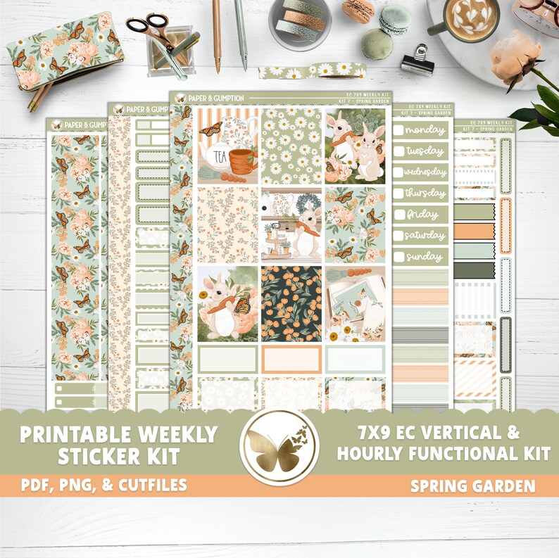 May include: Printable weekly sticker kit featuring a spring garden theme. The kit includes a range of stickers with floral patterns, bunnies, and butterflies. The stickers are designed for use in a 7x9 EC vertical and hourly functional planner.