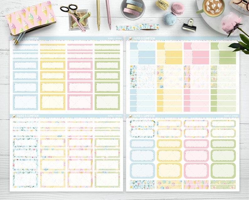 Op de afbeelding: Een set bedrukbare planner stickers met bloemen- en pastelontwerpen. De stickers hebben verschillende vormen en maten van vakjes met bloemmotieven. De stickers zijn perfect om planners, dagboeken en andere papieren producten te organiseren en te versieren.