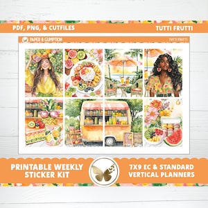 Pegatinas imprimibles para planificador, kit de pegatinas semanales, pegatinas Tutti Frutti, pegatinas Erin Condren, kit de pegatinas verticales, archivo de corte, Cricut PNG, fruta, comida, verano