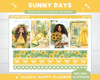 Printable Planner Stickers Weekly Sticker Kit Classic Happy Planner Sunny Days Vertical Sticker Kit Cutfiles Cricut PNG Sunflower Summer