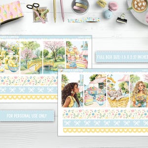 Op de afbeelding: Een set van 12 planner stickers met verschillende ontwerpen, waaronder een limonadestand, een meisje met een boeket bloemen en een bloemenpatroon. De stickers zijn gedrukt op een witte achtergrond met een blauwe en gele rand. De tekst "FULL BOX SIZE 1.5 X 2.27 INCHES" en "FOR PERSONAL USE ONLY" is op de stickers gedrukt.