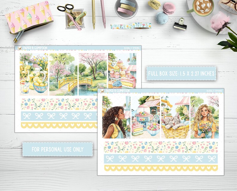 Op de afbeelding: Een set van 12 planner stickers met verschillende ontwerpen, waaronder een limonadestand, een meisje met een boeket bloemen en een bloemenpatroon. De stickers zijn gedrukt op een witte achtergrond met een blauwe en gele rand. De tekst "FULL BOX SIZE 1.5 X 2.27 INCHES" en "FOR PERSONAL USE ONLY" is op de stickers gedrukt.